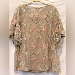 NEW - Democracy Taupe & Pink Embroidered Lace Bell Sleeves Blouse & Camisole